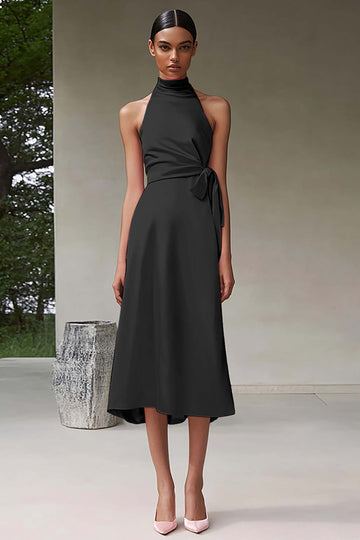 Black Satin A Line High Neck Sleeveless Midi Formal Dress